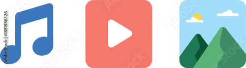 Set of three colorful flat media icons including music note video player and landscape gallery isolated on white background.