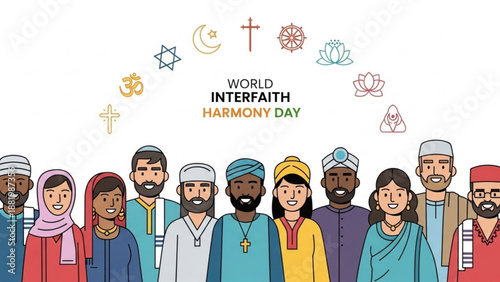 Diverse people celebrate world interfaith harmony day with symbols