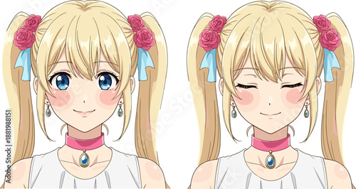 Anime twin ponytail girl expressions, blonde character sprite sheet, blue eyes emotion set, rose ribbon icon bundle, animation asset