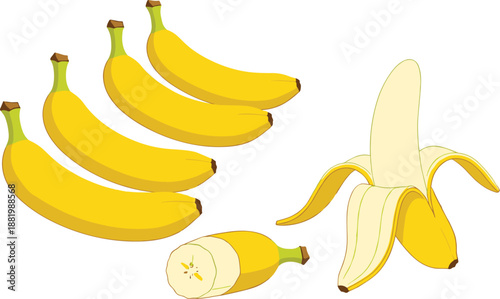 Fresh Banana Fruit Illustration Set Showing Whole, Peeled, and Sliced Bananas for Healthy Food Concepts, Nutrition Design, Grocery Branding, and Kitchen Graphics