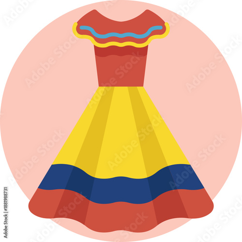 A traditional Ecuadorian dress icon featuring a flared skirt and decorative details inspired by indigenous clothing.