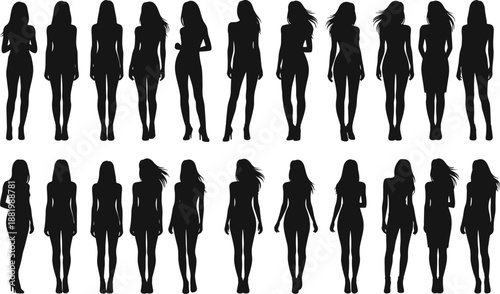 Female Walking and Standing Silhouette Collection Featuring Diverse Women Figures for Fashion Design, Advertising, Motion Concepts, and Creative Graphic Projects