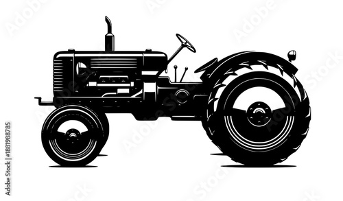 Realistic vintage farm tractor black silhouette vector isolated on white background