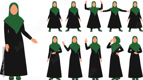 Muslim Woman Character Poses Illustration Set Wearing Hijab and Abaya for Education, Culture, Presentation, Animation, and Islamic Lifestyle Design