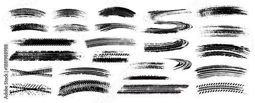 Car wheel tire trails, grunge brush texture silhouette. Rally road drift trace mark, speed race design vector set