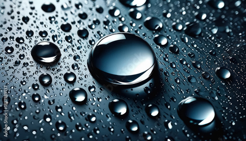 Water droplets gather on a smooth, dark surface, reflecting light and creating a contrast with the texture beneath. The scene highlights the curvature and clarity of each droplet.