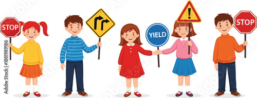 Children Holding Traffic Road Signs Cartoon Illustration Showing Stop Yield Warning Symbols for Road Safety Education, School Awareness, and Transportation Rules Concept