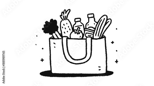 Hand drawn grocery shopping bag illustration with fresh food items in a simple sketch style