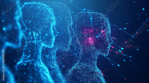 business teamwork supported by artificial intelligence, abstract human figures and AI data visualization