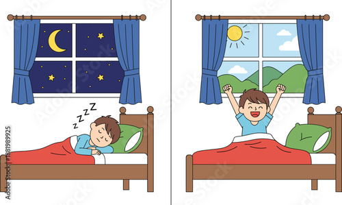 Night and Morning Daily Routine Cartoon Illustration with Child Sleeping and Waking Up Showing Time Change, Bedtime, and Healthy Lifestyle Concept