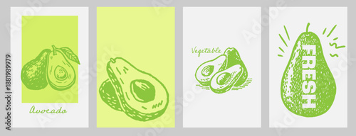 Hand drawn avocado vegetable illustration set for modern kitchen posters, packaging, menus and healthy food branding