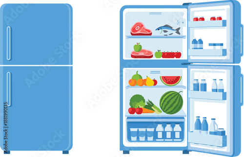 Refrigerator with Open Door Showing Organized Fresh Food and Drinks Cartoon Illustration for Kitchen Storage, Home Appliance, and Nutrition Concept