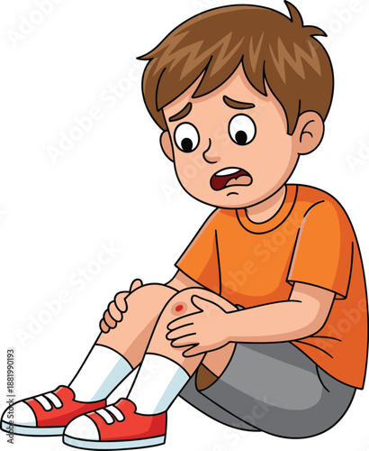 Injured Boy Sitting and Holding Hurt Knee Cartoon Illustration Showing Pain, Childhood Accident, Minor Injury, Safety Awareness, and Health Care Concept
