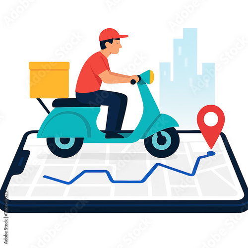 Wallpaper Mural Delivery man riding bicycle with parcel boxes on city map background with gps location pins for online shopping and shipping service concept. Torontodigital.ca
