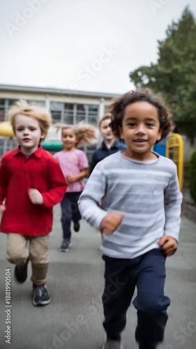 A group of children running joyfully in a playground, filled with laughter.