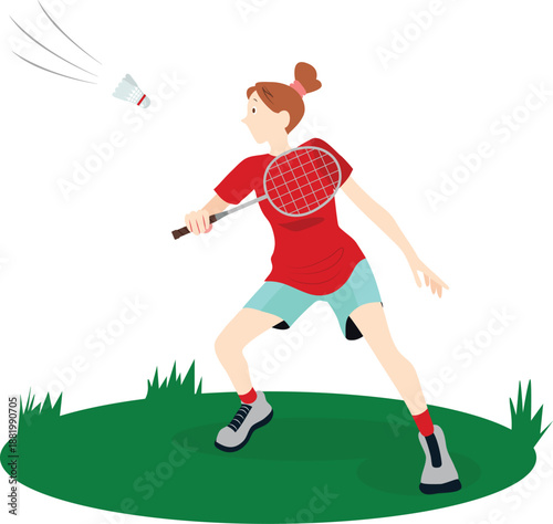 Women's Badminton, featuring Female player in red shirt striking a shuttlecock on grass