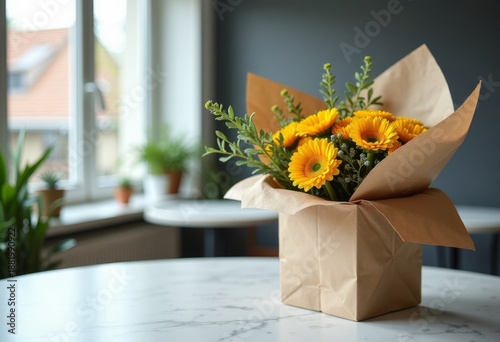 Bouquet in kraft paper on table, copy space, clean commercial background