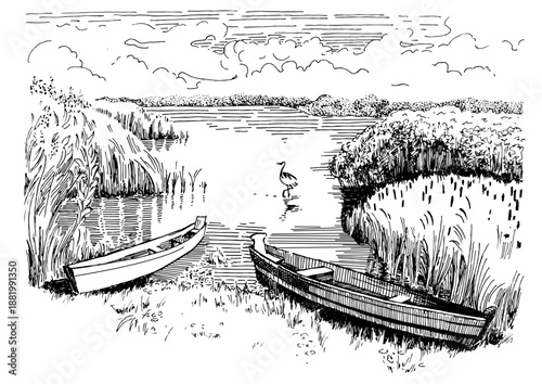 Panorama of countryside landscape with river. Pen sketch converted to vector drawing