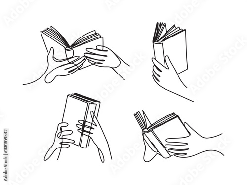 Simple hand holding open book icon set, Set continuous one line drawing of hands holding book. Education, reading concept style. vector illustration