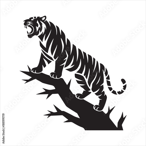 Tiger Silhouette Walking on Tree Branch, Tiger on Tree Branch Silhouette Illustration
