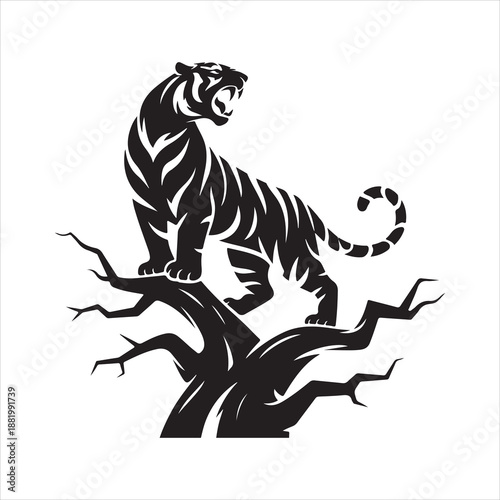 Tiger Silhouette Walking on Tree Branch, Tiger on Tree Branch Silhouette Illustration