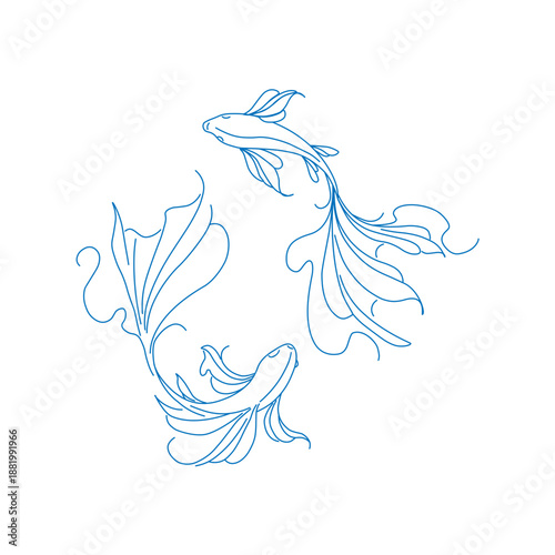 Blue Minimalist Koi Fish Line Art Vector