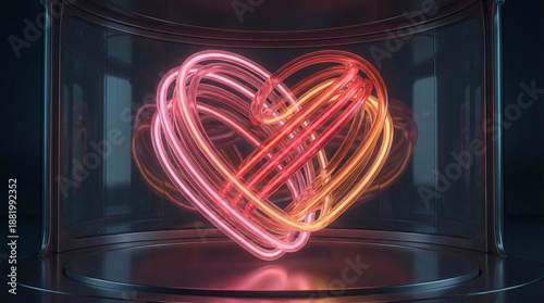 Futuristic glowing heart‑shaped energy circuit made of soft neon lines in warm pink and red tones, with subtle reflections creating a romantic sci‑fi mood, no text.