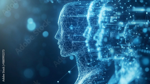 business teamwork supported by artificial intelligence, abstract human figures and AI data visualization