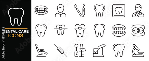 Dentistry tools and dental care outline icons