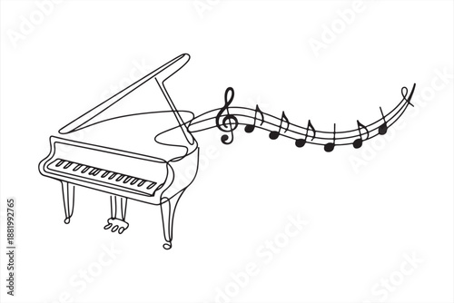 Piano with Flowing Musical Notes Line Art, Elegant grand piano drawing with flowing musical notes a continuous line art