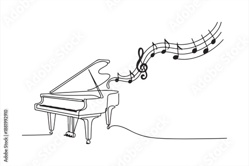 Piano with Flowing Musical Notes Line Art, Elegant grand piano drawing with flowing musical notes a continuous line art