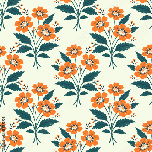 Seamless orange floral pattern with stylized wild flowers and dark green leaves in folk art style on light background for fabric, wallpaper and surface design.