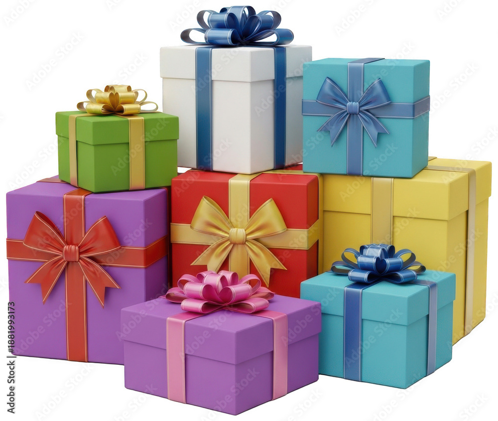Fototapeta premium Colorful Gift png Wrapped Present cutout Festive Box png Stacked Package cutout Holiday Present png Celebration Gift cutout Vibrant Box png Decorative Package isolated transparent background image