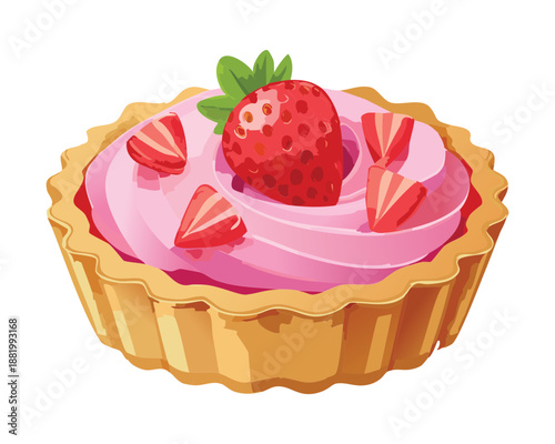 Sweet strawberry cupcake with pink frosting for birthday party and bakery shop dessert menu - Vector Illustration