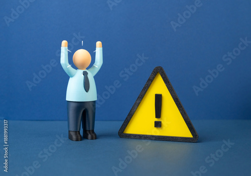 An alarmist businessman and a pressing problem requiring a solution. A complex task. An error or malfunction. Crisis management concept, urgency, responsibility and decision making.
