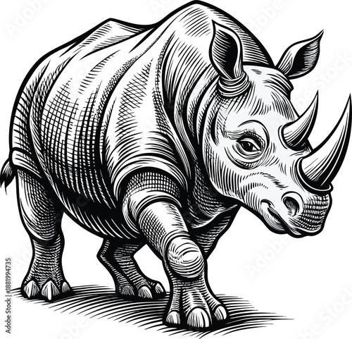 A detailed pen and ink illustration of a rhinoceros in mid-stride is depicted against a stark white background. The rhinoceros is centrally positioned, oriented towards the viewer's right, showcasing 