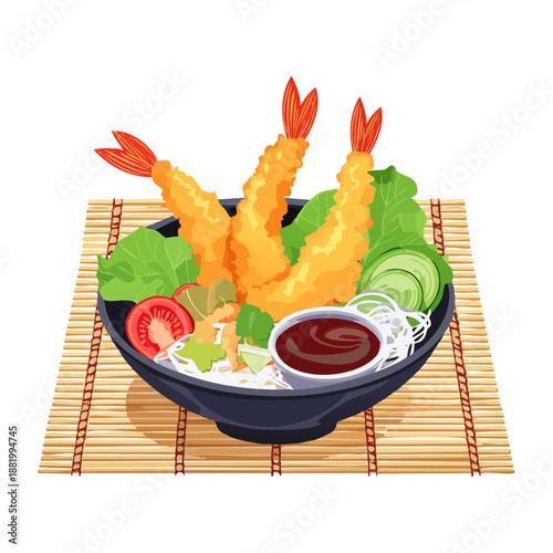 Crispy tempura shrimp served on a plate with fresh salad and dipping sauce for japanese meal - Vector Illustration