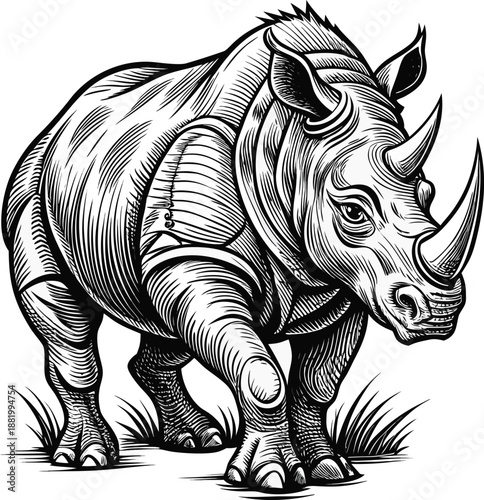 A detailed pen and ink illustration of a rhinoceros in mid-stride is depicted against a stark white background. The rhinoceros is centrally positioned, oriented towards the viewer's right, showcasing 