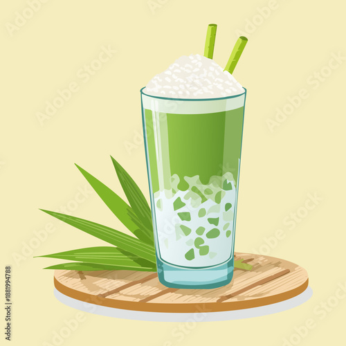 Creamy iced matcha latte with coconut and pandan leaves for refreshing vegan health drink - Vector Illustration