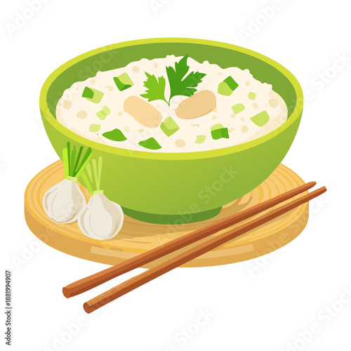 Healthy rice porridge with spring onions for traditional asian breakfast and authentic restaurant food menu design - Vector Illustration
