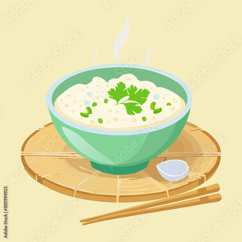 Bowl of healthy rice congee with herbs for traditional asian breakfast and authentic restaurant food menu - Vector Illustration