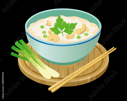 Authentic asian rice porridge with green onions for healthy breakfast and traditional restaurant food menu design - Vector Illustration