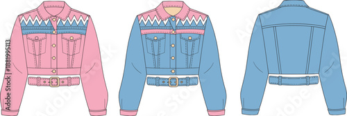 Color block denim jacket illustration, fashion sketch, front and back view, zigzag pattern, belt detail, gold buttons, garment design, stylish outerwear