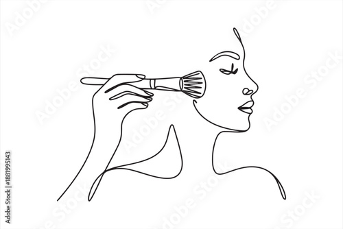 Continuous one line drawing of Young girl doing make-up vector. Minimalist woman applying makeup with a brush in one line drawing style vector illustration