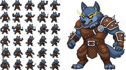   
Warrior wolf character sprites, cartoon game asset, fantasy battle design, cute armor icon, RPG animation sheet, fierce animal fighter