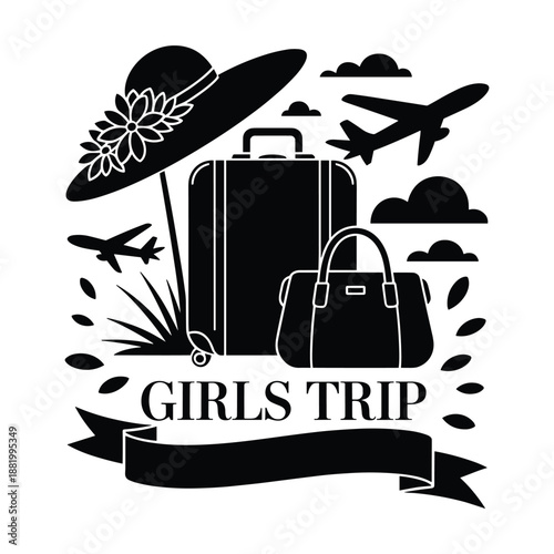 A graphic representation of travel essentials including a suitcase duffel bag and hat symbolizing a girls trip adventure Illustration