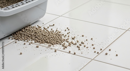 Messy spilled cat litter on a white tiled floor next to a grey plastic litter box, depicting a common pet owner cleaning problem.