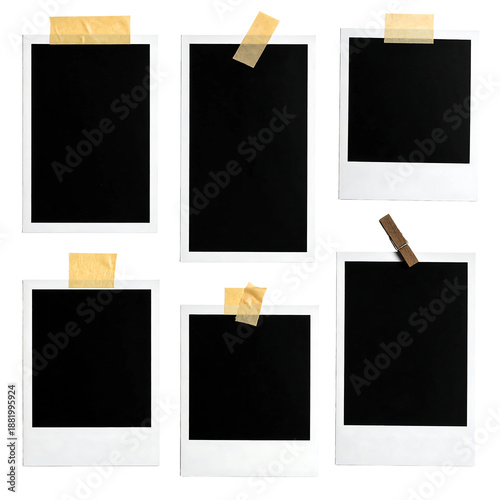 Set of blank instant photo frames with adhesive tape and wooden clothespin isolated on white background, realistic polaroid style picture mockup for memory and photography concepts