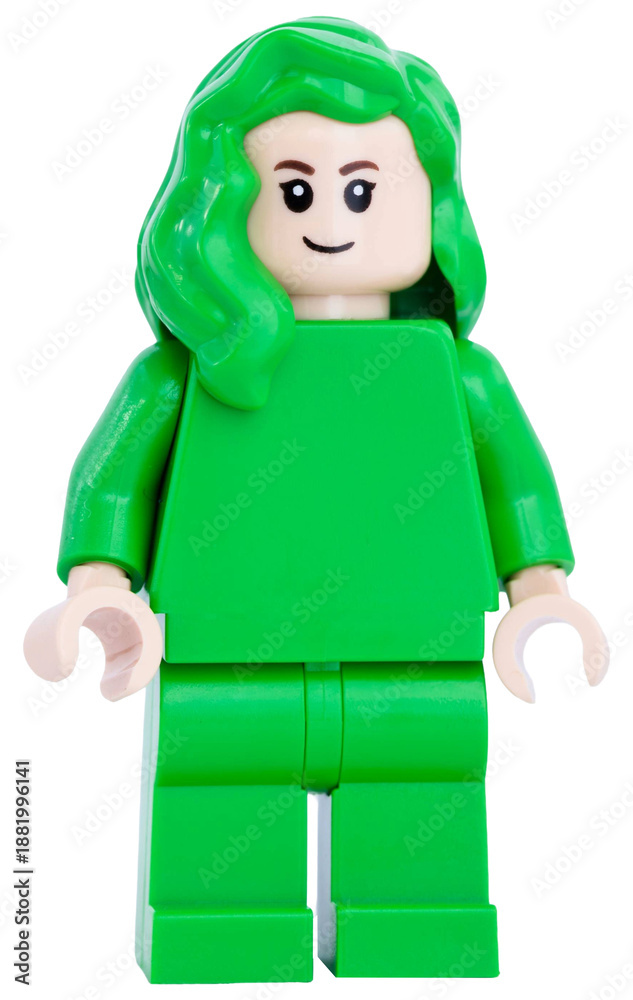 Naklejka premium Dortmund - Deutschland 19. Januar 2026 - Lego Minifigure Frau ganz in grün gekleidet
