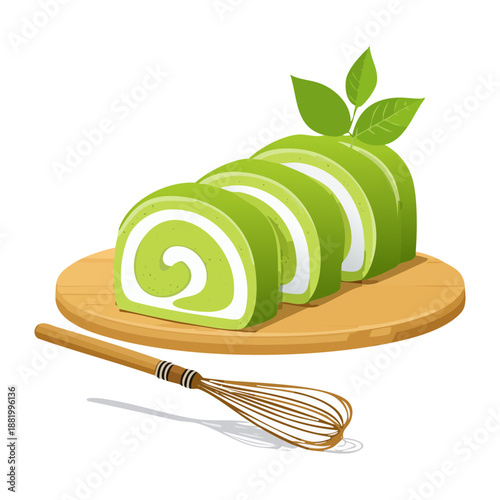 Green pandan swiss roll cake for sweet asian bakery dessert and traditional tea snack menu design - Vector Illustration